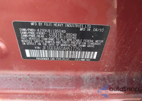 2010 Subaru Impreza 2.5I z USA, uszkodzony, nr VIN JF1GE6A60AH517250